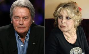 Deux photos des acteurs Alain Delon (à gauche) le 7 janvier 2008 à Paris, et Brigitte Bardot le 28 septembre 2006 à Paris