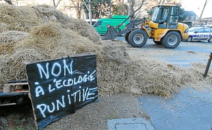 De la paille a été répandue mercredi devant le ministère de l'Agriculture.