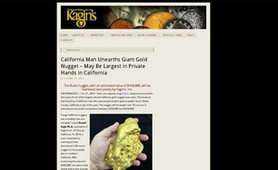 Capture d'écran du site Kagin's Inc. montrant la pépite géante découverte en Californie en juillet 2014 et mise en vente le 23 octobre 2014.