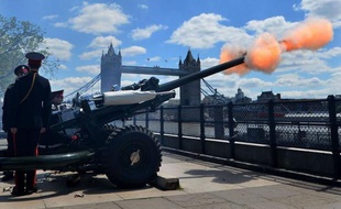 Plusieurs dizaines de coups de canon ont été tirés lundi midi à Londres, depuis Green Park, au centre de la capitale, et la Tour de Londres, pour marquer les 60 ans du couronnement de la reine Elizabeth II.