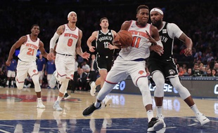 Franck Ntilikina lors d'un match de présaison contre les Nets.