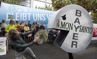 Des manifestants protestent contre le rachat de Monsanto par Bayer en 2017.