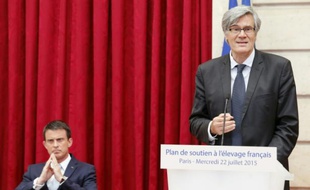Le ministre de l'Agriculture Stéphane Le Foll annonce un plan d'aide aux éleveurs, à l'Elysée à Paris le 22 juillet 2015