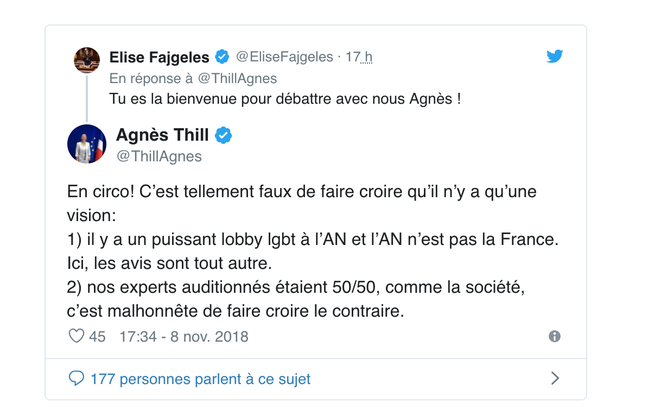 Screenshot of the tweet posted by MP Agnes Thill on her account, November 8, 2018. 