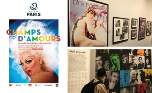 L'affiche de l'exposition «Champs d'amour». En haut à dr.: l'un des espaces de l'expo, avec, au premier plan, l'affiche de «Pink Narcissus». En bas : un «mur des fiertés» composé de portraits d'artistes LGBT.