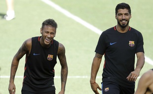 Neymar et Luis Suarez à l'entraînement avec le Barça en juillet 2017.