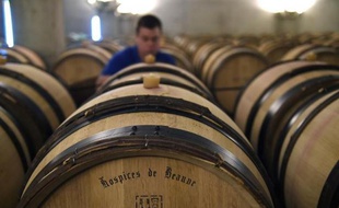 Les fûts de vin alignés le 21 octobre 2014 dans une cave des Hospices de Beaune