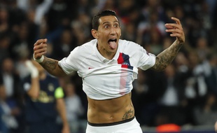 PSG's Angel Di Maria celebrates after scoring his side's second goal during the Champions League group A soccer match between PSG and Real Madrid at the Parc des Princes stadium in Paris, Wednesday, Sept. 18, 2019.