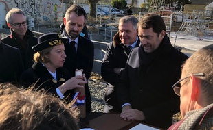 Le ministre de l'Intérieur Christophe Castaner, ici avec la préfète Michèle Kirry et le député Florian Bachelier lors de la pose de la première pierre de la future préfecture à Rennes.