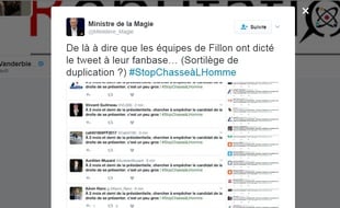 Capture d'écran de messages #StopChasseàLHomme diffusés massiment sur Twitter par les équipes de François Fillon.