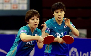 Les pongistes japonaises Satsuki Odo (à droite) et Saki Shibata lors de l'Open de Grenade, en février 2020.