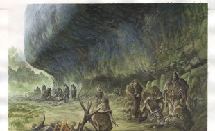 Reconstitution de l’enterrement de l’enfant par des Néandertaliens à La Ferrassie. Illustration d’Emmanuel Roudier (publiée dans Qui était Néandertal ? l’enquête illustrée, éditions Belin).