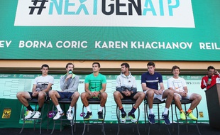 Taylor Fritz,Daniil Medvedev,Borna Coric,Karen Khachanov,Reilly Opeelka et Stefan Kozlov lors de la présentation du tournoi Next Gen ATP, le 7 mars 2017 aux Etats-Unis.