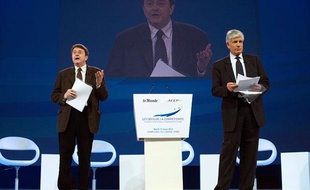 Maurice Levy et Eric Izraelewicz, mardi 13 mars 2012, au colloque sur Les défis de la compétitivité
