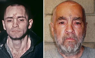 Photos d'archives du gourou meurtrier Charles Manson en 1971 (g), lors de son procès, et le 18 mars 2009 (d) à la prison d'Etat de Corcoran, en Californie