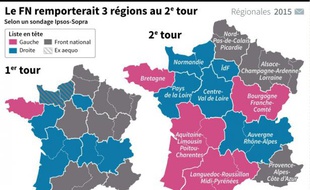 Carte répartissant les intentions de vote d'après un sondage, au 1er et 2ème tours, par région