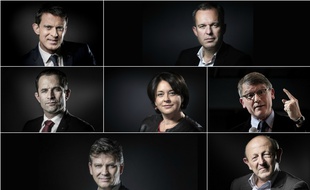 Les candidats à la primaire organisée en janvier 2017 par le PS: Manuel Valls, François de Rugy, Benoît Hamon, Sylvia Pinel, Vincent Peillon, Arnaud Montebourg et Jean-Luc Bennahmias.