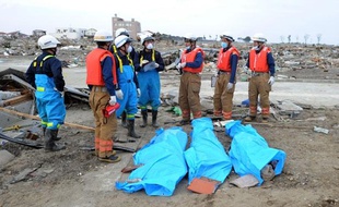 Des victimes découvertes dans des décombres, dans des sacs mortuaires, à Natori City dans la préfecture de Miyagi le 14 mars 2011.