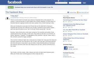 Page d'accueil du blog officiel Facebook, doté de boutons «Like»