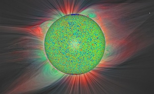 La surface solaire et son champ magnétique, à partir des données du satellite SDO de la NASA.