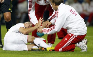 L'attaquant du Bayern Munich Franck Ribéry, blessé lors d'un match de championnat d'Allemagne face à Hoffenheim, le 21 septembre 2010.