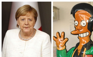 Collage 20 Minutes Angela Merkel, chancelière allemande, et le personnage d'Apu dans la série