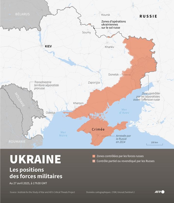 Carte des zones contrôlées par les forces russes en Ukraine et zones d'opérations ukrainiennes sur le sol russe, au 27 avril 2025.