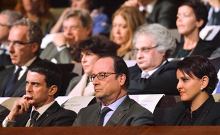 Le Premier ministre Manuel Valls, le président François Hollande et la ministre de l'Education nationale Najat Vallaud-Belkacem.