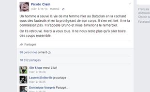 Le message d'un homme sur Facebook pour tenter de retrouver l'homme qui a sauvé la vie de sa femme au Bataclan, le 13 novembre 2015.