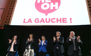 De gauche à droite: les ministres Emmanuelle Cosse, Marisol Touraine, Najat Vallaud-Belkacem, Stéphane Le Foll et Jean-Michel Baylet lors du meeting «He oh la gauche», le 25 avril 2016.