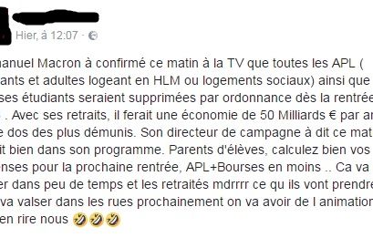 Non, les APL et les bourses étudiantes ne seront pas supprimées par Emmanuel Macron. Cette capture d'écran évoque une rumeur datant de 2017 et de la campagne présidentielle.