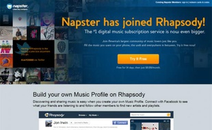 La page d'accueil de Napster, après la fusion avec Rhapsody.