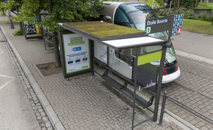 Le toit de l'abribus Etoile-Bourse est doté d'une mousse et d'un système de ventilation.