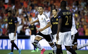 La joie de Rodrigo après son but lors de Valence-Monaco (3-1) en barrage aller de la Ligue des champions, le 19 août 2015.