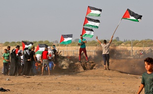 Des manifestants agitent des drapeaux palestiniens à Gaza, le 23 août 2019.