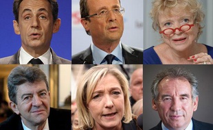 Mosaïque des candidats à l'élection présidentielle 2012. Nicolas Sarkozy, François Hollande, Eva Joly, Jean-Luc Mélenchon, Marine Le Pen et François Bayrou (De gauche à droite et de haut bas)