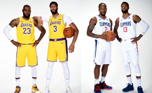 LeBron James avec Anthony Davis, pour les Lakers, et Kawhi Leonard avec Paul George, pour les Clippers (photomontage).