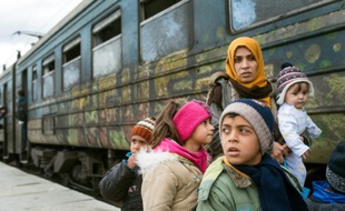 Des migrants embarquent dans un train le 14 février 2016 près de Gevgelija à la frontière entre la Macédoine et la Grèce