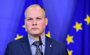 Morgan Johannson, Ministre suèdois de la Justice et de l'immigration, lors d'une conférence de presse le 6 janvier 2016 à la Commission Européenne de Bruxelles, en Belgique