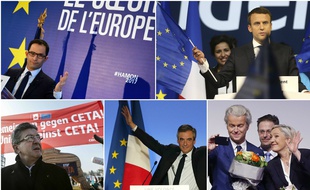 Benoît Hamon, Emmanuel Macron, Jean-Luc Mélenchon, François Fillon et Marine Le Pen. Montage 20 Minutes.
