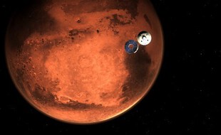 Image de synthèse de la Nasa simulant l'arrivée sur Mars de la mission Mars 2020 et de son rover Perseverance.