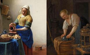 Deux tableaux réalisés vers 1660 dont les bleus outremer contrastent : « La laitière » de Johannes Vermeer à gauche et « La femme récurant une bassine en métal » de Jan Steen à droite.