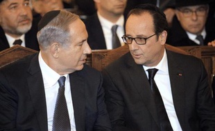 Le Premier ministre israélien Benjamin Netanyahu et Francois Hollande à la Grande synagogue à Paris le 11 janvier 2015
