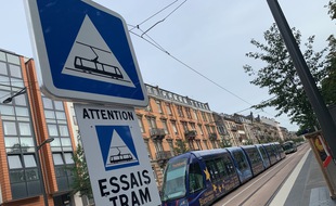 Tram sur l’extension de la ligne F. Strasbourg le 27 08 2020.
