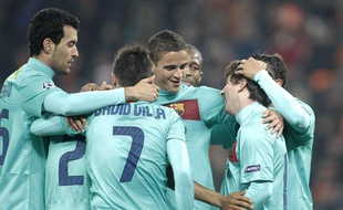 Les joueurs du FC Barcelone, fêtant un but contre le Shakhtar Donetsk, le 12 avril 2011 en Ligue des champions à Donetsk.