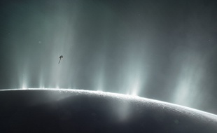 Illustration des panaches de vapeur d'eau à la surface de la lune de Saturne Encelade.