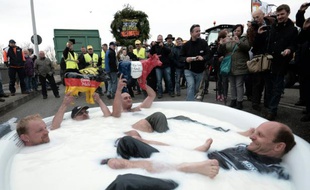 Des éleveurs français et allemands se baignent symboliquement dans une piscine remplie de lait, le 13 novembre 2015 à Strasbourg, pour signifier qu'ils "se noient dans les excédents"