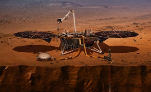 Vue d'artiste d'InSight qui doit atterrir lundi 26 novembre sur Mars.
