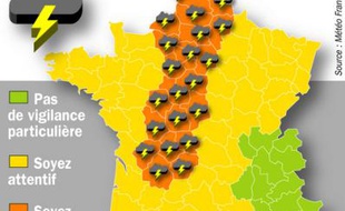 Carte des départements concernés par la vigilance orange lancée par Météo France pour des orages violents, le 25 mai 2009.