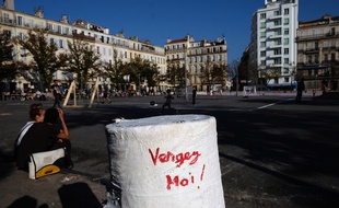 Un manifestant proteste contre l'abattage d'un arbre place Jean-Jaurès à Marseille